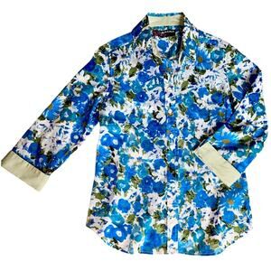 Peck & Peck Blue Floral Print Fitted Button Down Shirt size Small